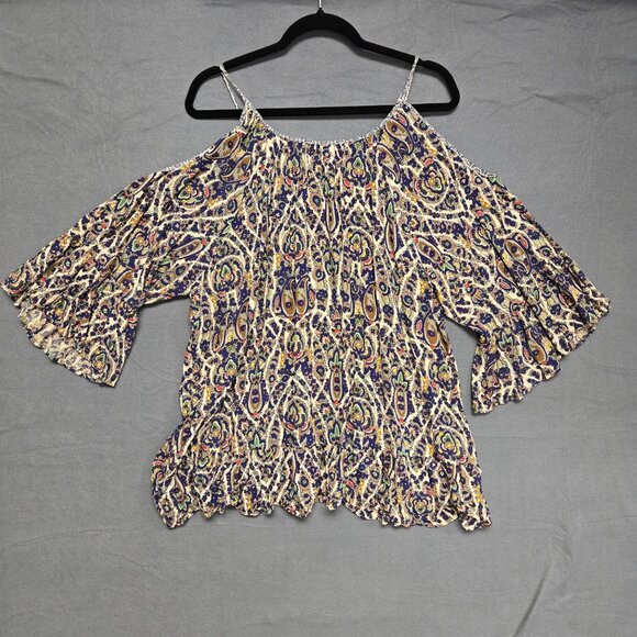 Umgee + Cold Shoulder Flowy Bell Sleeve Paisley Print Boho Blouse 2XL - Picture 2 of 9